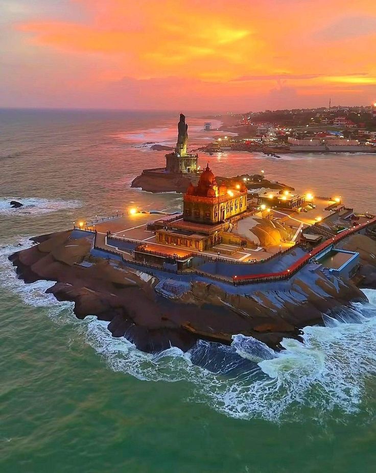 Vivekananda Rock Memorial at sunset, Kanyakumari